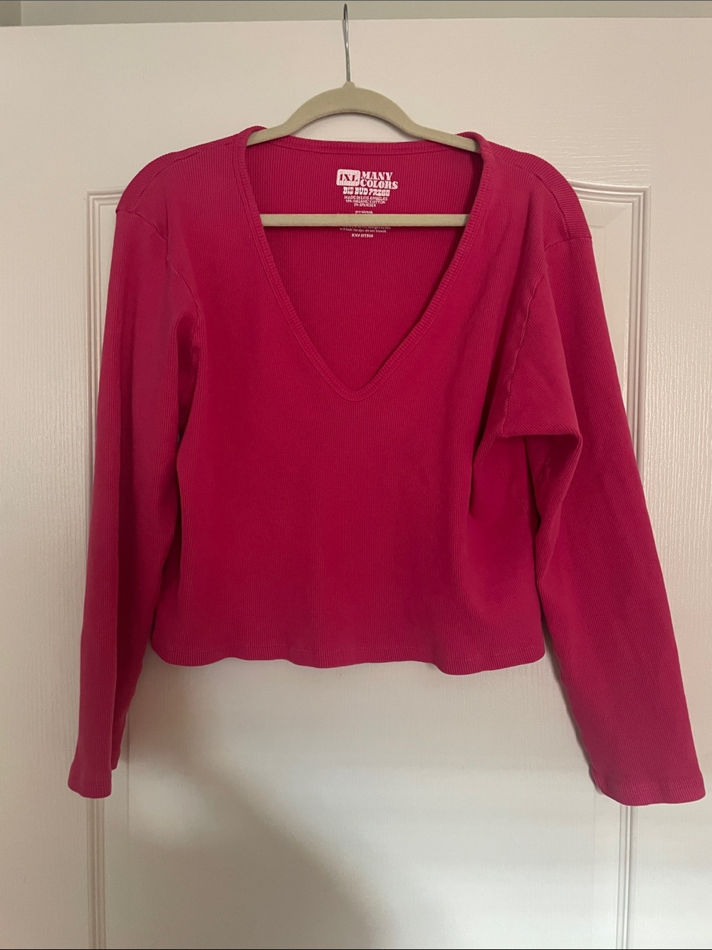 Big Bud Press Women's Long Sleeve V-Neck Tee in Bright Pink